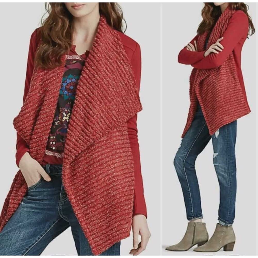 Lucky Brand Women's M Open Front Red Sweater Jacket Shawl Collar Metallic Silver